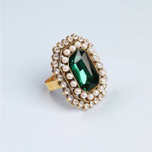Large Green & Faux Pearl Ring